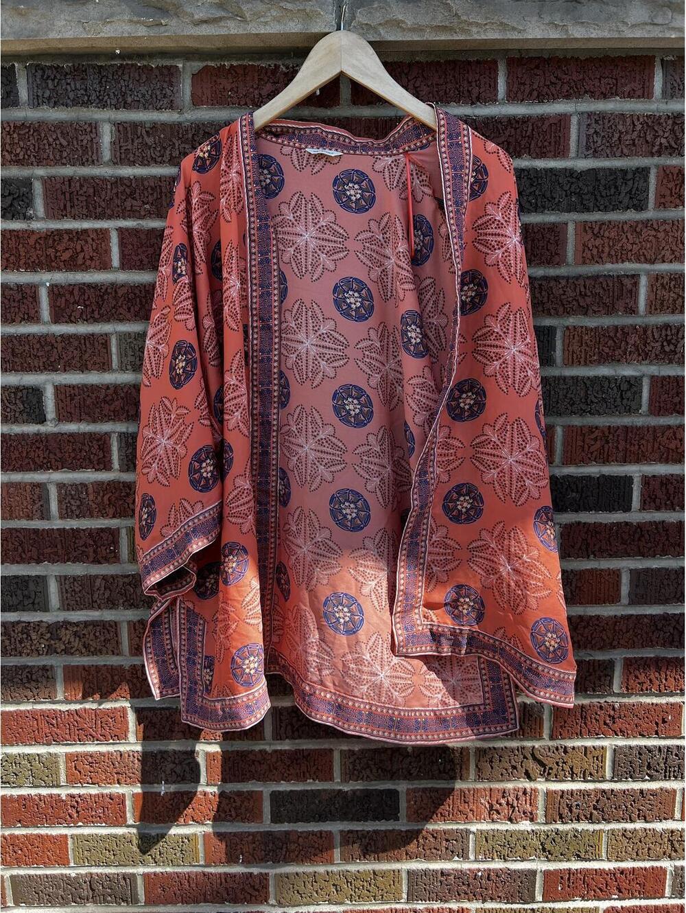Max Studio Dusty Pink Navy Blue Mandalay Print Kimono